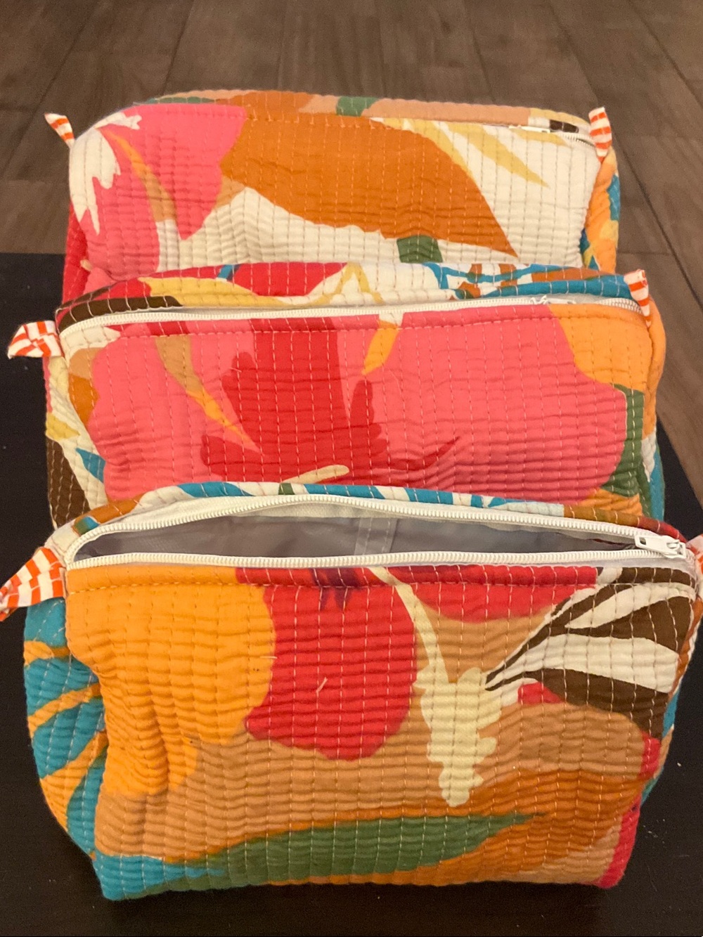 Raj Kantha Quilted Cotton Floral Cosmetic Bag Trio in Pink, Orange & Blue